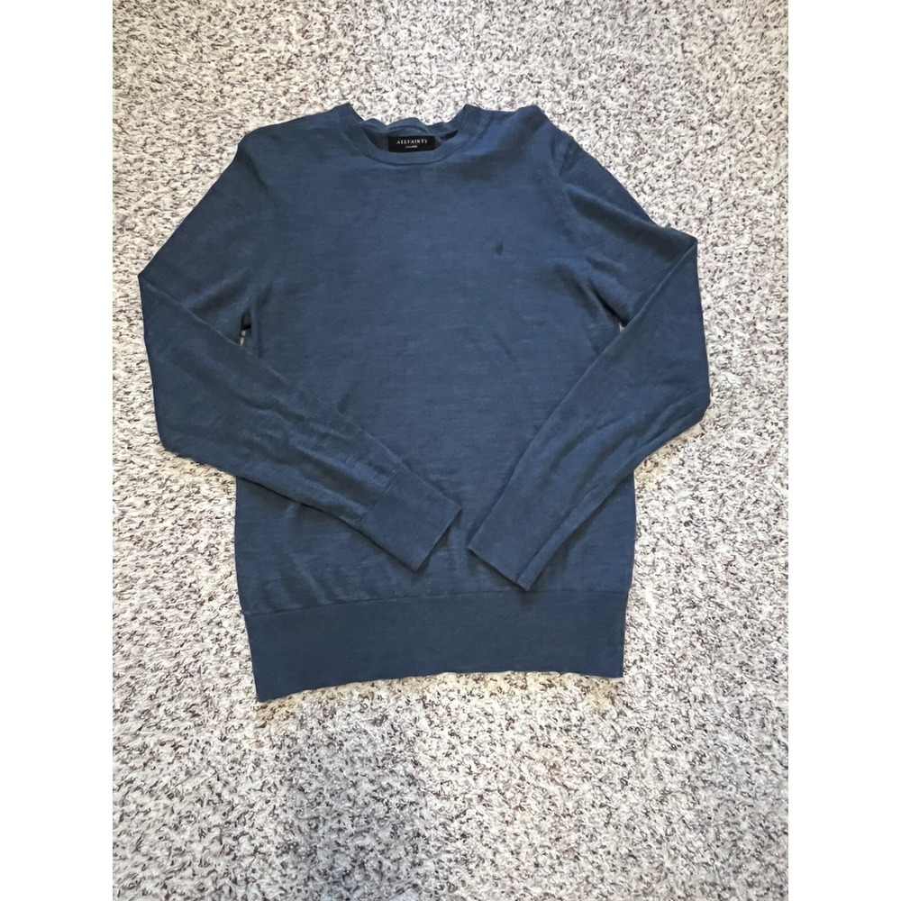 All saints New Sweater Adult Sz XLMerino Wool Blue Crew Neck Long Sleeve Logo